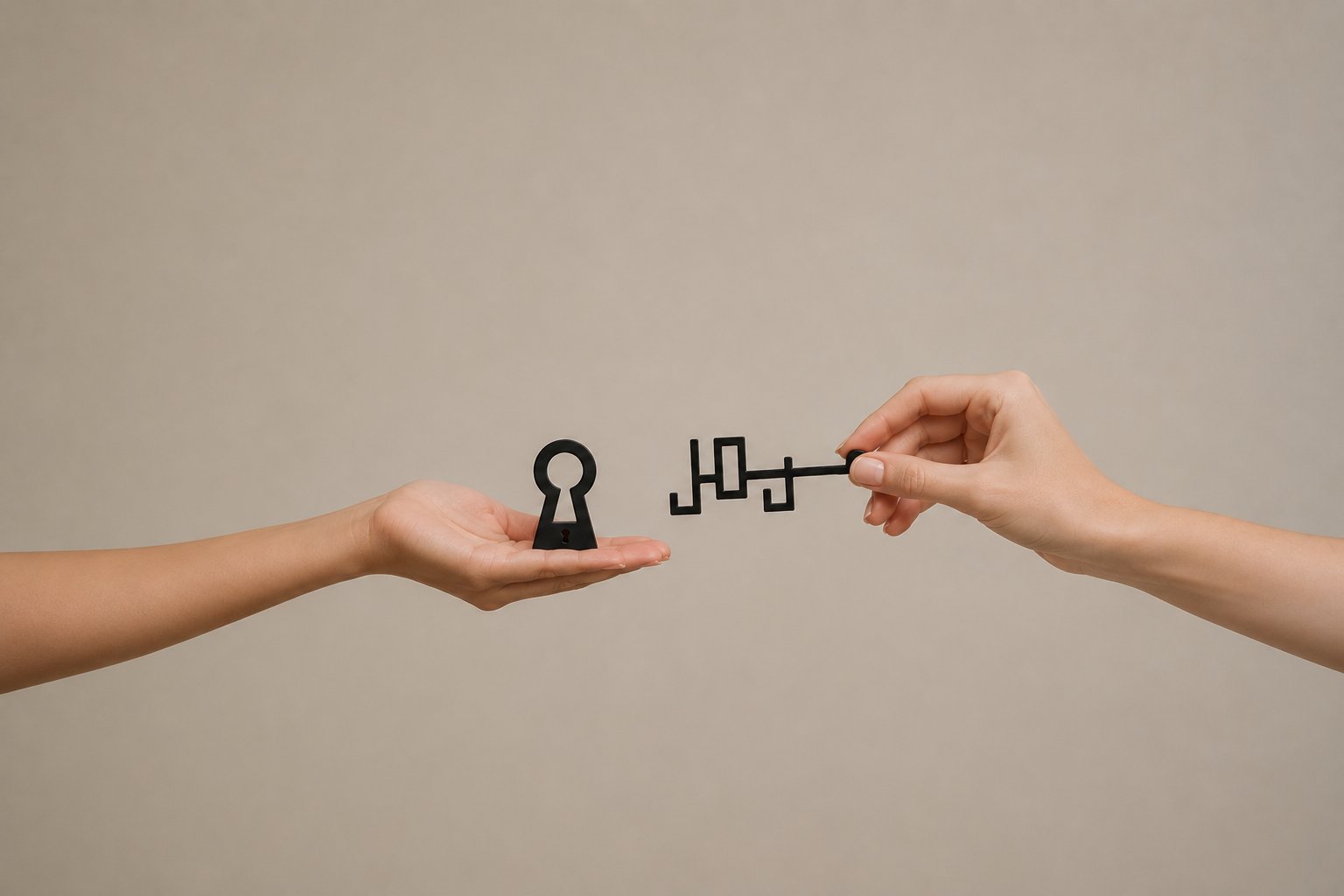 A key shaped like the JOJ logo, opening a lock